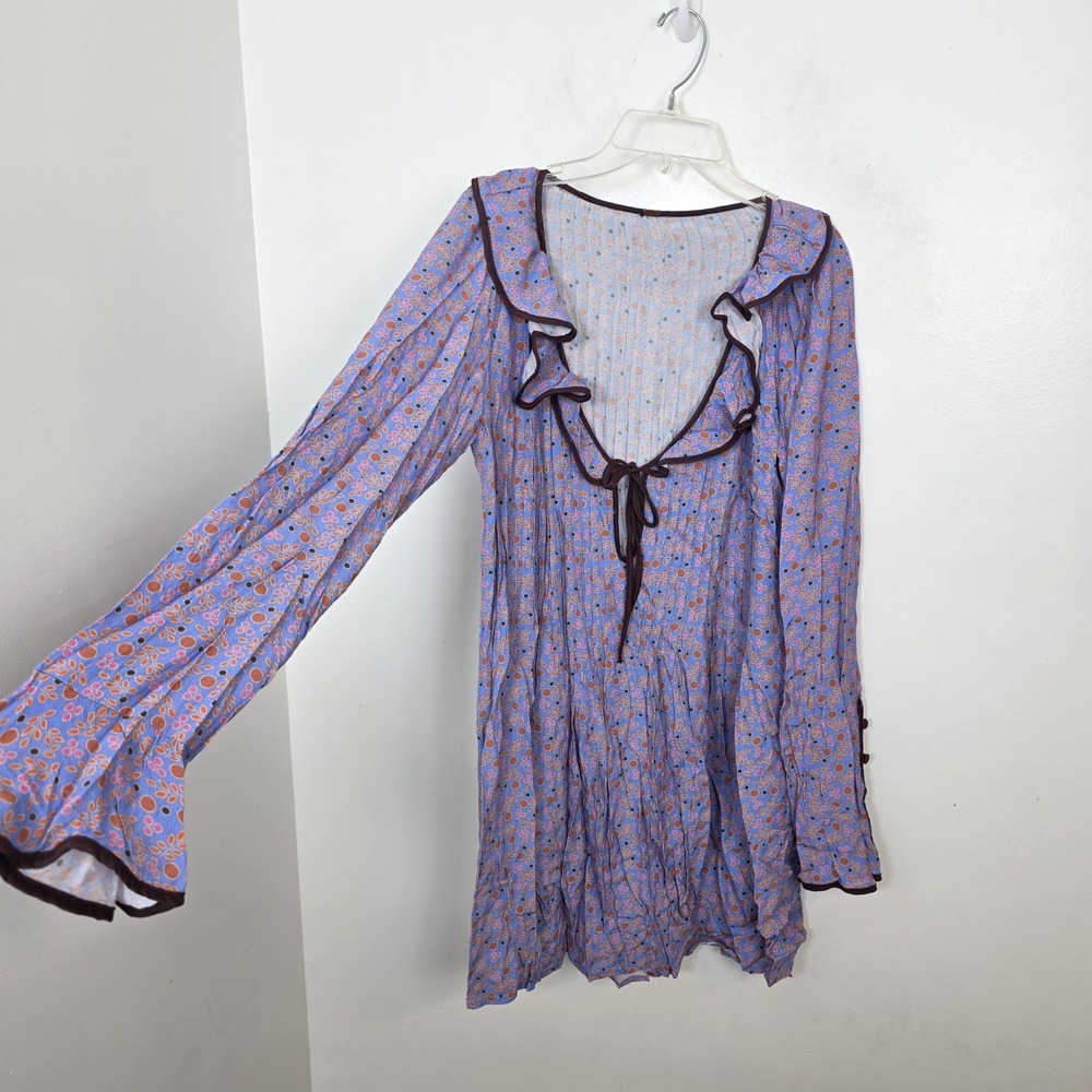 Free People Blue Blossom Baby Long Sleeve Boho Oversized Mini Dress Size M - Picture 3 of 10